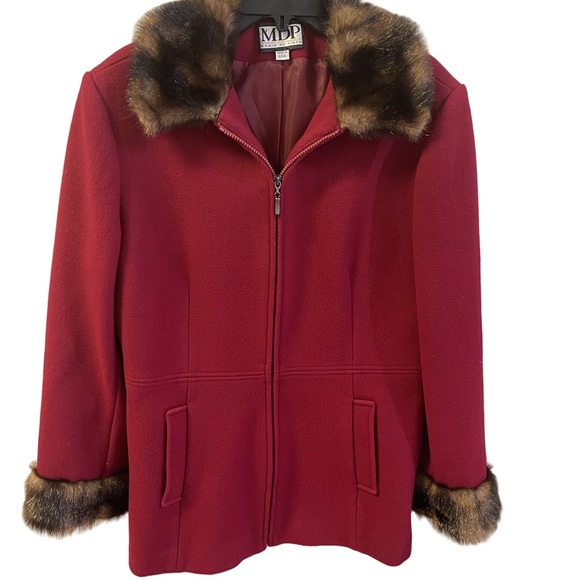 Vintage MDP - Red Wool Coat Faux Fur Zip Collared Lined Waist Length - Sz Large - Picture 2 of 13